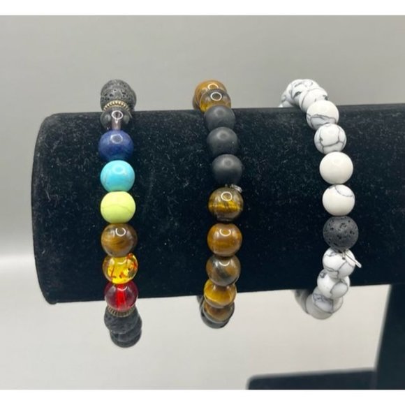 New 3 Pieces Black Lava Stone 7 Chakra Bracelets mix 8mm Rock Bead Elast… - Picture 1 of 2